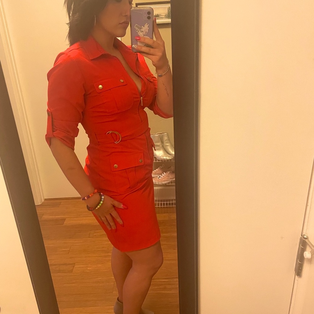 Red Pocket Collar Dress